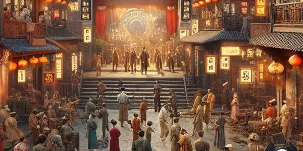 A bustling Chinese film town with traditional architecture, tourists, and an active movie production scene.