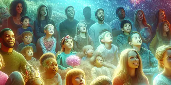 A cozy family movie night with excited children watching animated characters in a warmly lit living room.