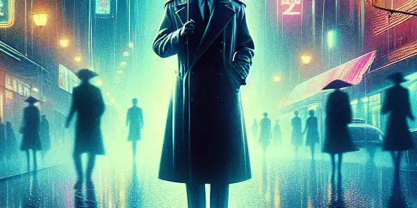 A mysterious figure in a trench coat stands under an umbrella on a rainy, neon-lit urban street at night.