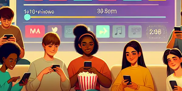 A cozy living room scene with diverse people enjoying movies on smartphones, featuring a large screen and warm ambiance.