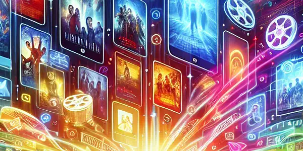 A lively digital marketplace for movie downloads, featuring diverse film lovers exploring colorful movie posters on various devices.