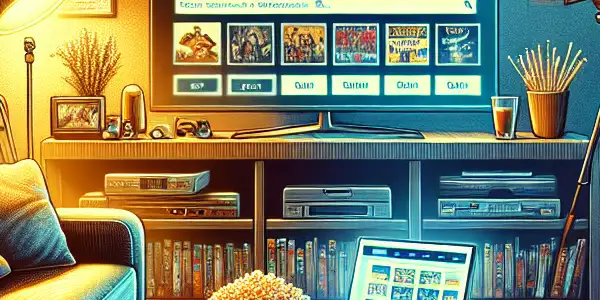 A cozy living room with a large TV, snacks, and movie posters, perfect for movie searching.